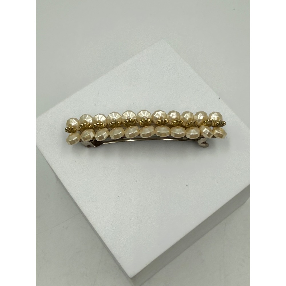 Vintage Faux Pearl Beaded Hair Barrette Cream Gold Tone French Clip Accessory